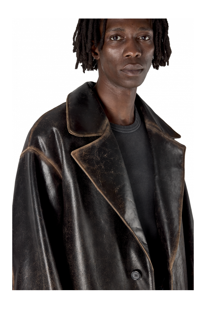 LEATHER LONG COAT SCHWARZ-SAND
