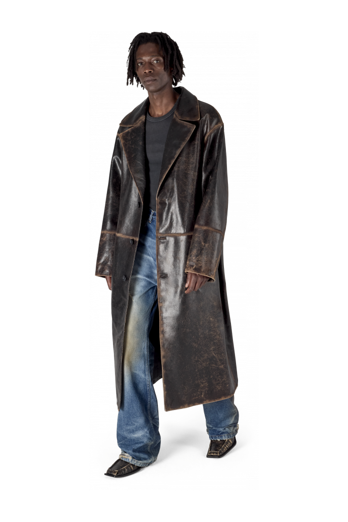 LEATHER LONG COAT SCHWARZ-SAND