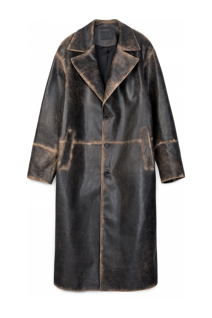 LEATHER LONG COAT SCHWARZ-SAND