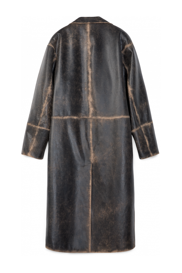 LEATHER LONG COAT SCHWARZ-SAND