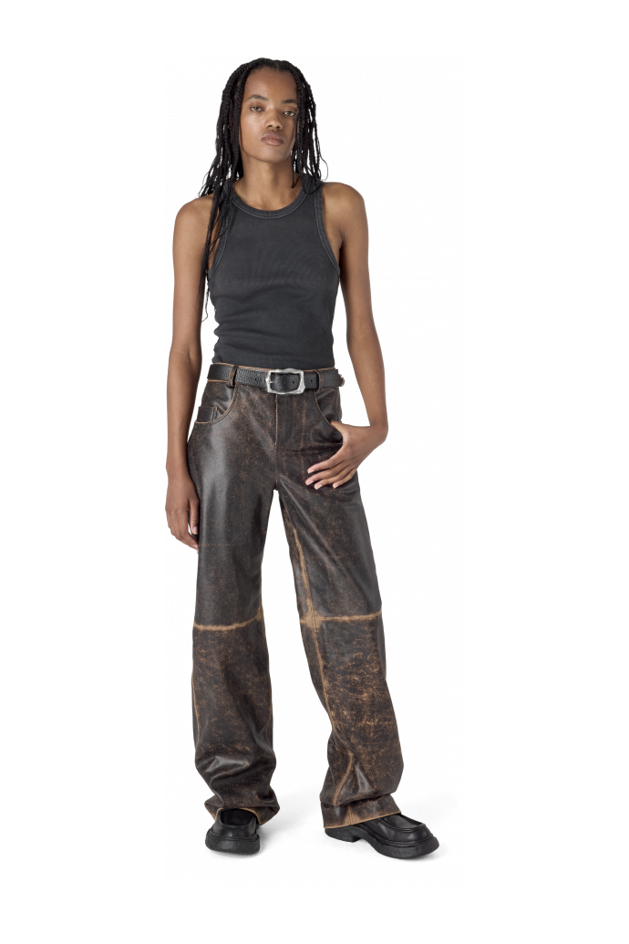 LEATHER FLARED TROUSERS SCHWARZ-SAND