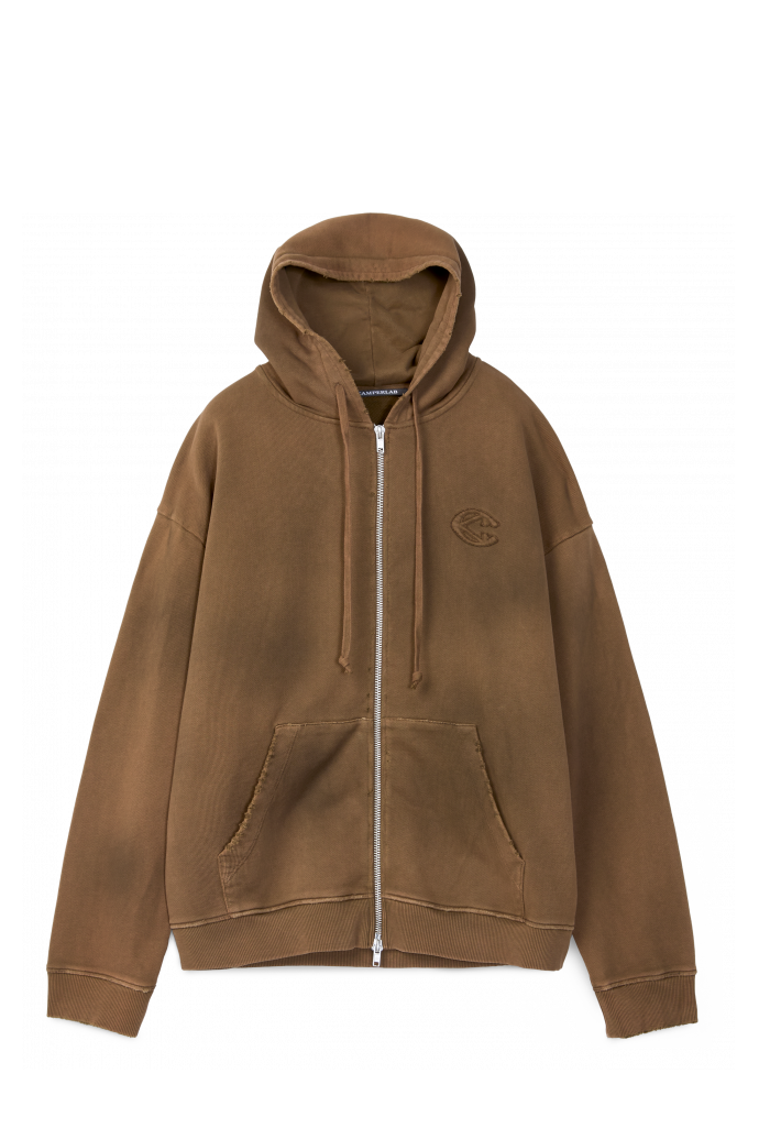 Side view of OVERSIZED WASHED ZIP HOODIE BROWN