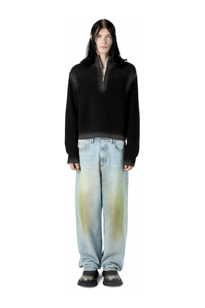 WASHED-SEAM RIBBED HALF-ZIP KNIT BLACK