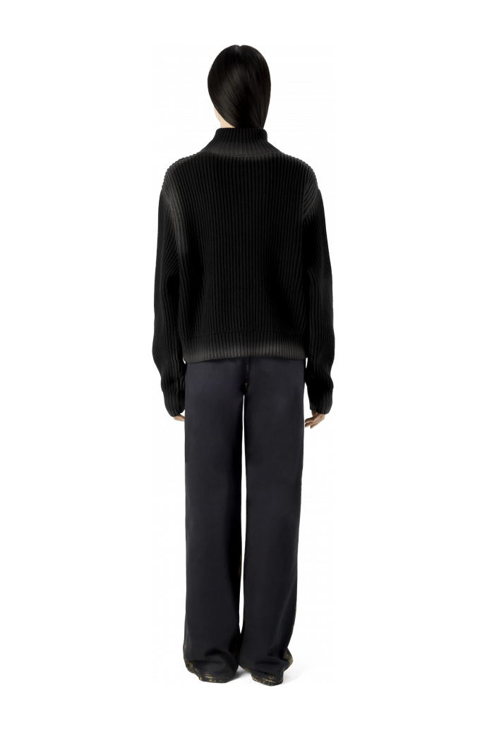 WASHED-SEAM RIBBED HALF-ZIP KNIT BLACK