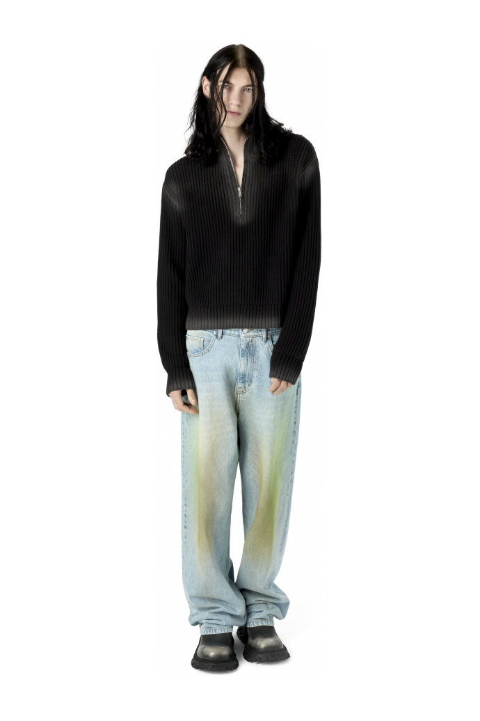 WASHED-SEAM RIBBED HALF-ZIP KNIT BLACK