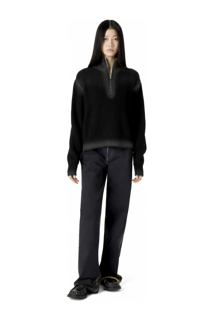 WASHED-SEAM RIBBED HALF-ZIP KNIT BLACK