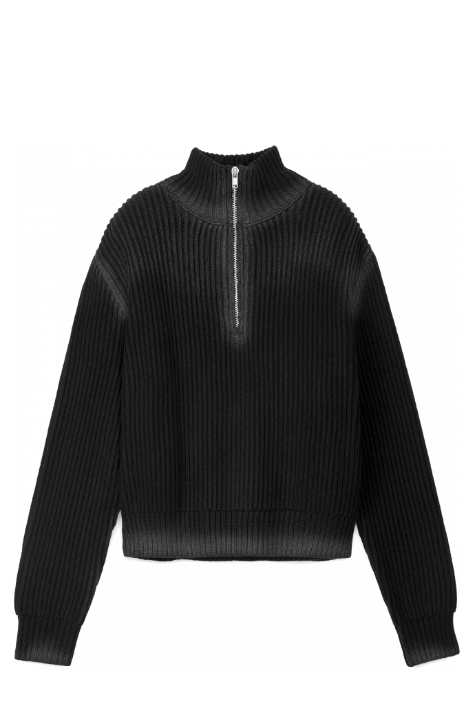 Side view of WASHED-SEAM RIBBED HALF-ZIP KNIT BLACK