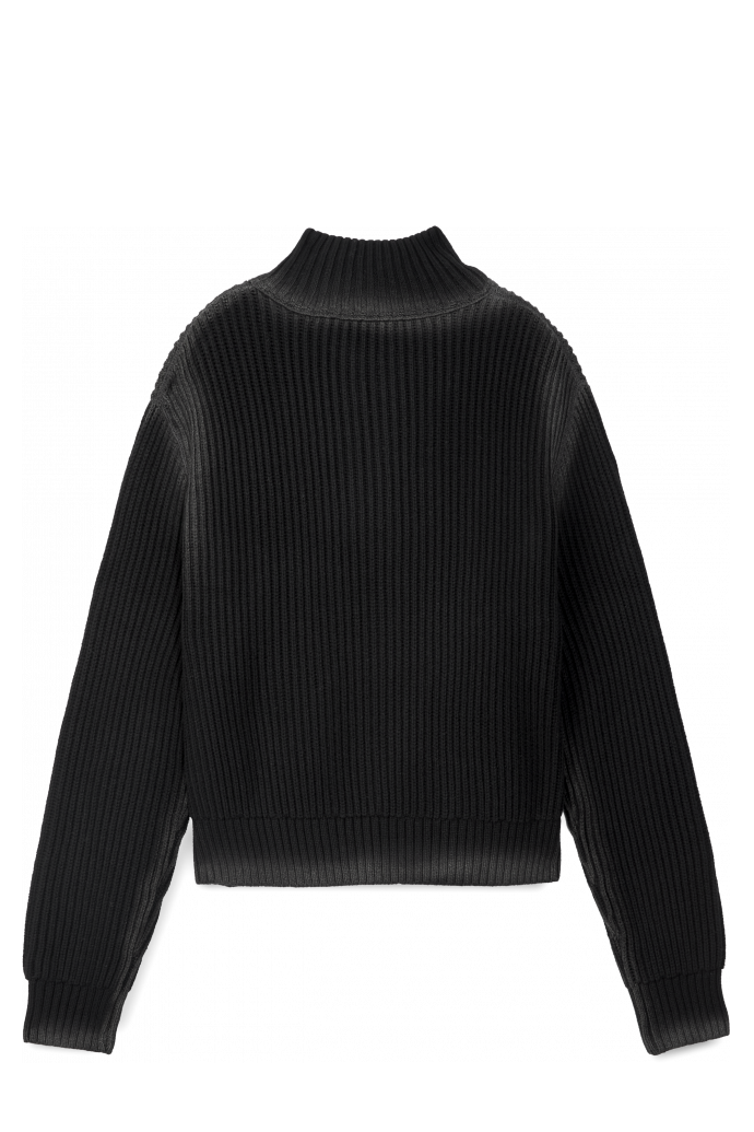 Back view of WASHED-SEAM RIBBED HALF-ZIP KNIT BLACK