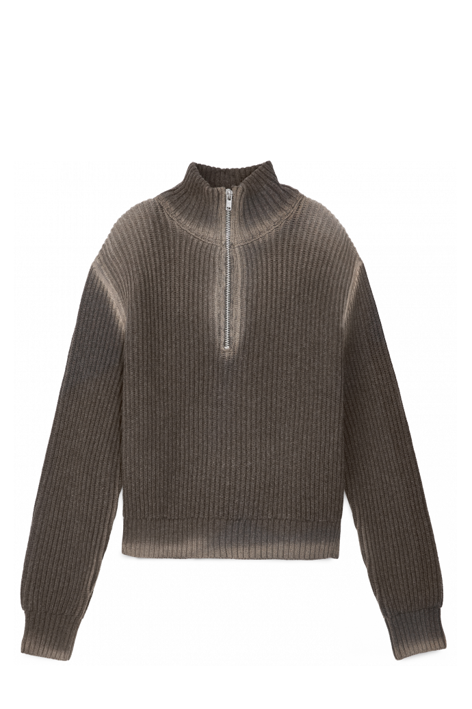 Side view of WASHED-SEAM RIBBED HALF-ZIP KNIT BROWN