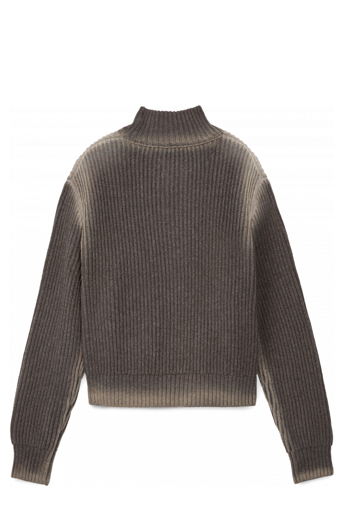 Back view of WASHED-SEAM RIBBED HALF-ZIP KNIT BROWN