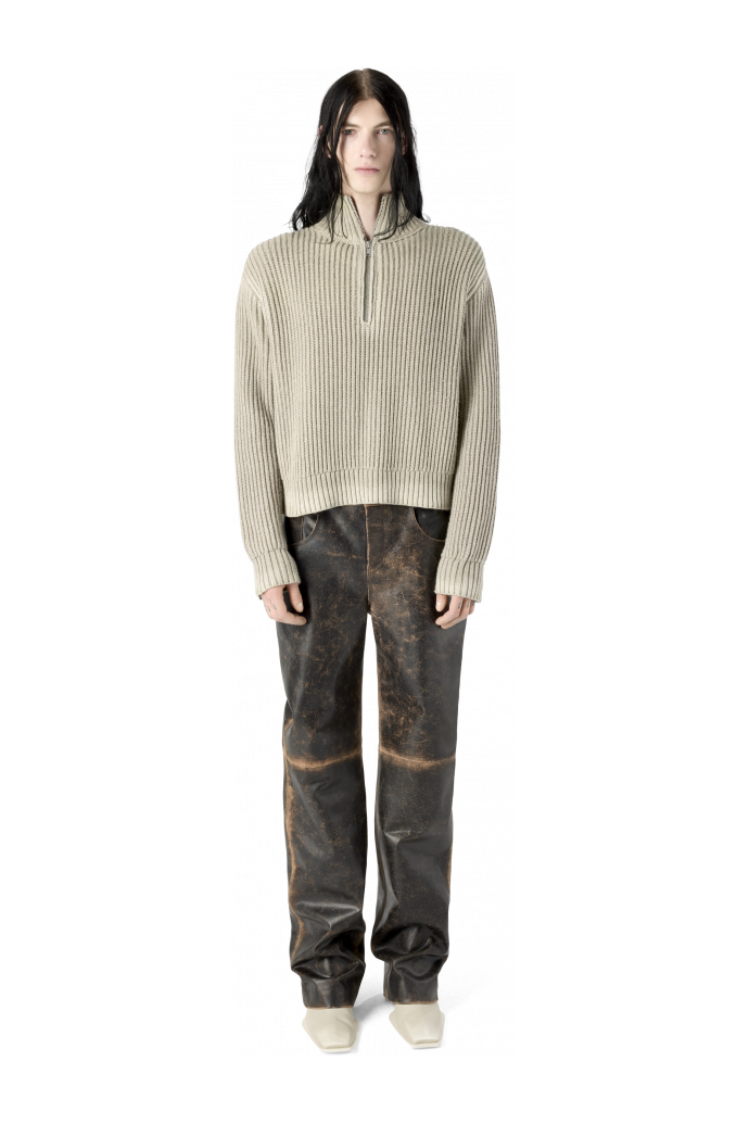 WASHED-SEAM RIBBED HALF-ZIP KNIT ΓΚΡΙ