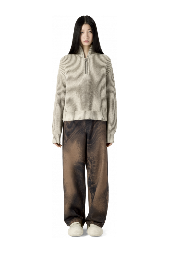 WASHED-SEAM RIBBED HALF-ZIP KNIT GREY