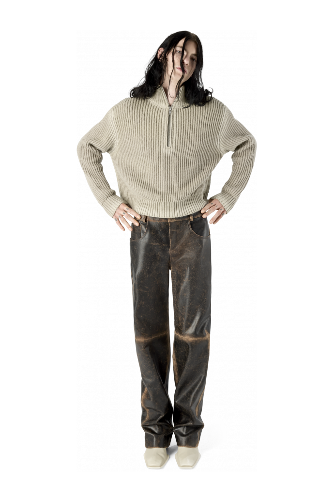 WASHED-SEAM RIBBED HALF-ZIP KNIT ΓΚΡΙ