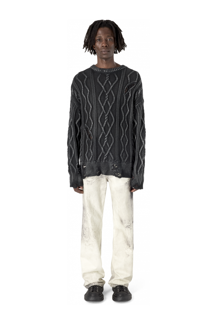 DISTRESSED CABLE KNIT SWEATER ΜΑΥΡΟ