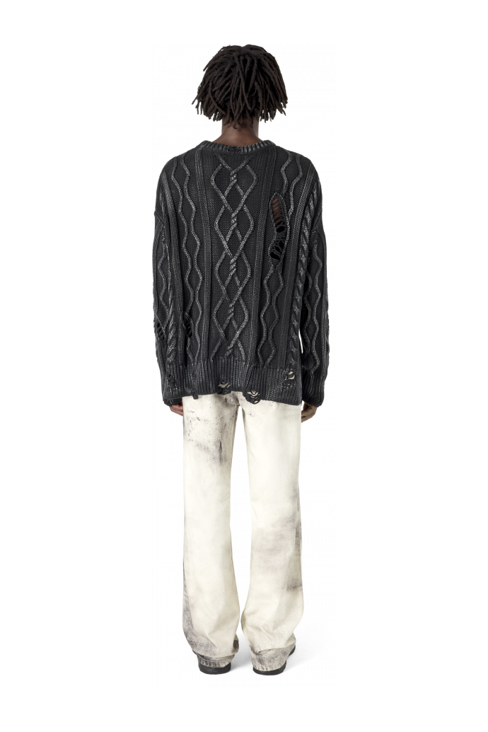 DISTRESSED CABLE KNIT SWEATER ΜΑΥΡΟ