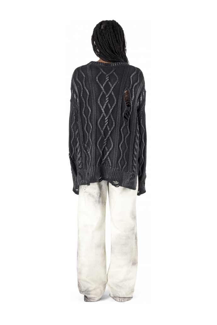 DISTRESSED CABLE KNIT SWEATER BLACK