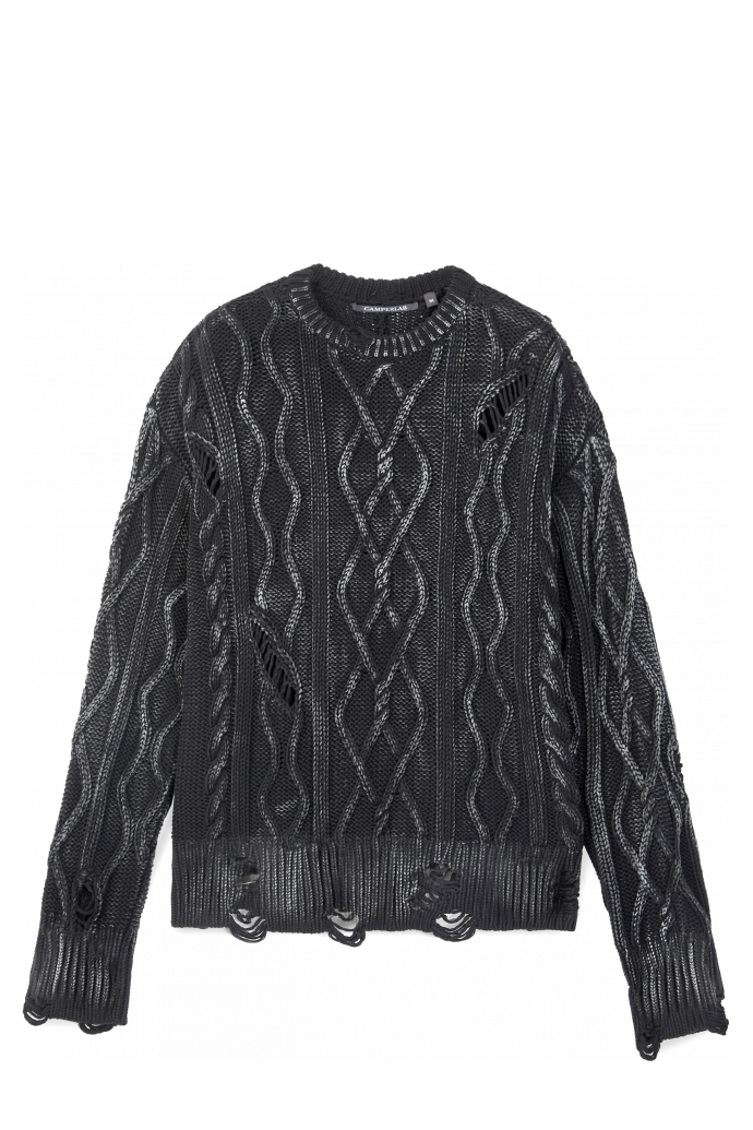 DISTRESSED CABLE KNIT SWEATER ΜΑΥΡΟ