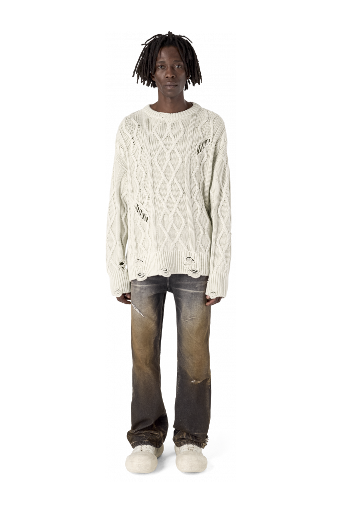 DISTRESSED CABLE KNIT SWEATER OFF WHITE