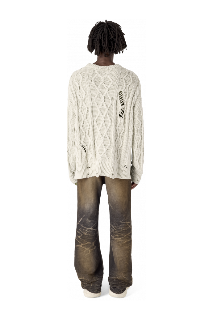 DISTRESSED CABLE KNIT SWEATER OFF WHITE
