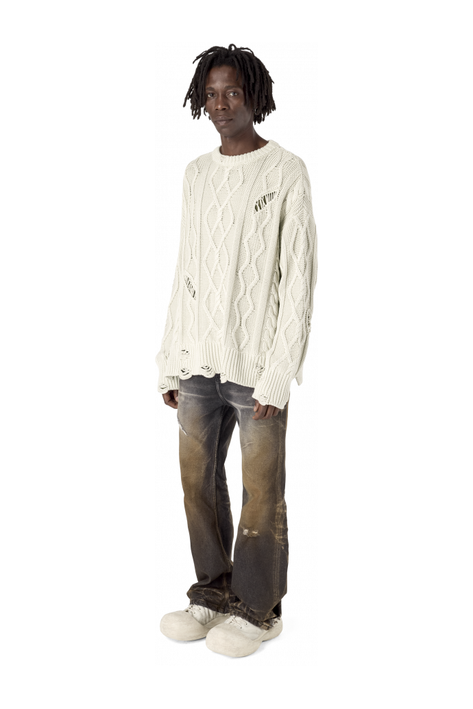 DISTRESSED CABLE KNIT SWEATER OFF WHITE
