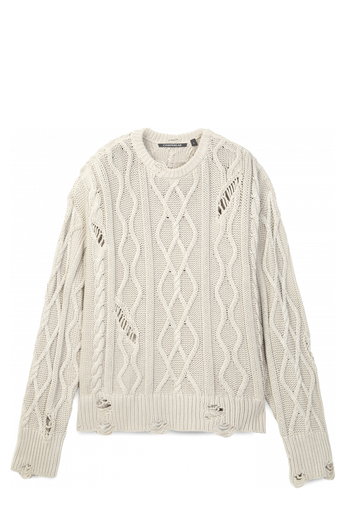 Side view of DISTRESSED CABLE KNIT SWEATER OFF WHITE