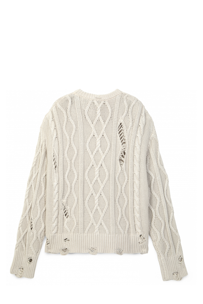 Back view of DISTRESSED CABLE KNIT SWEATER OFF WHITE