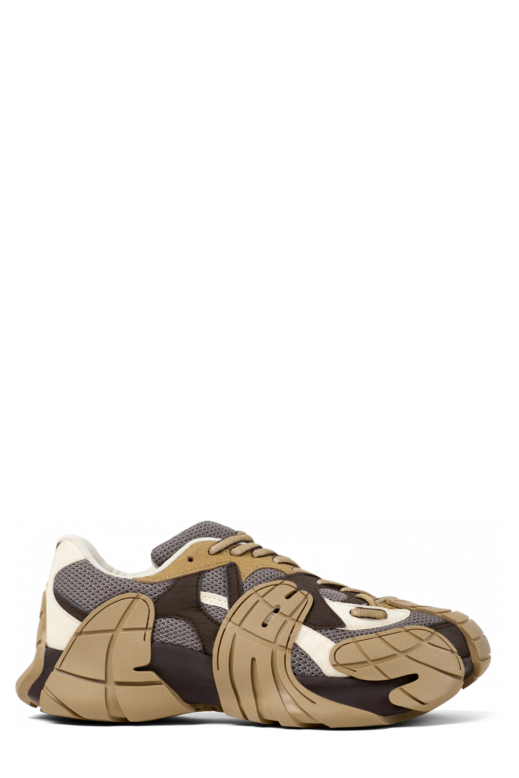 Side view of Tormenta Beige and Gray Textile Sneakers