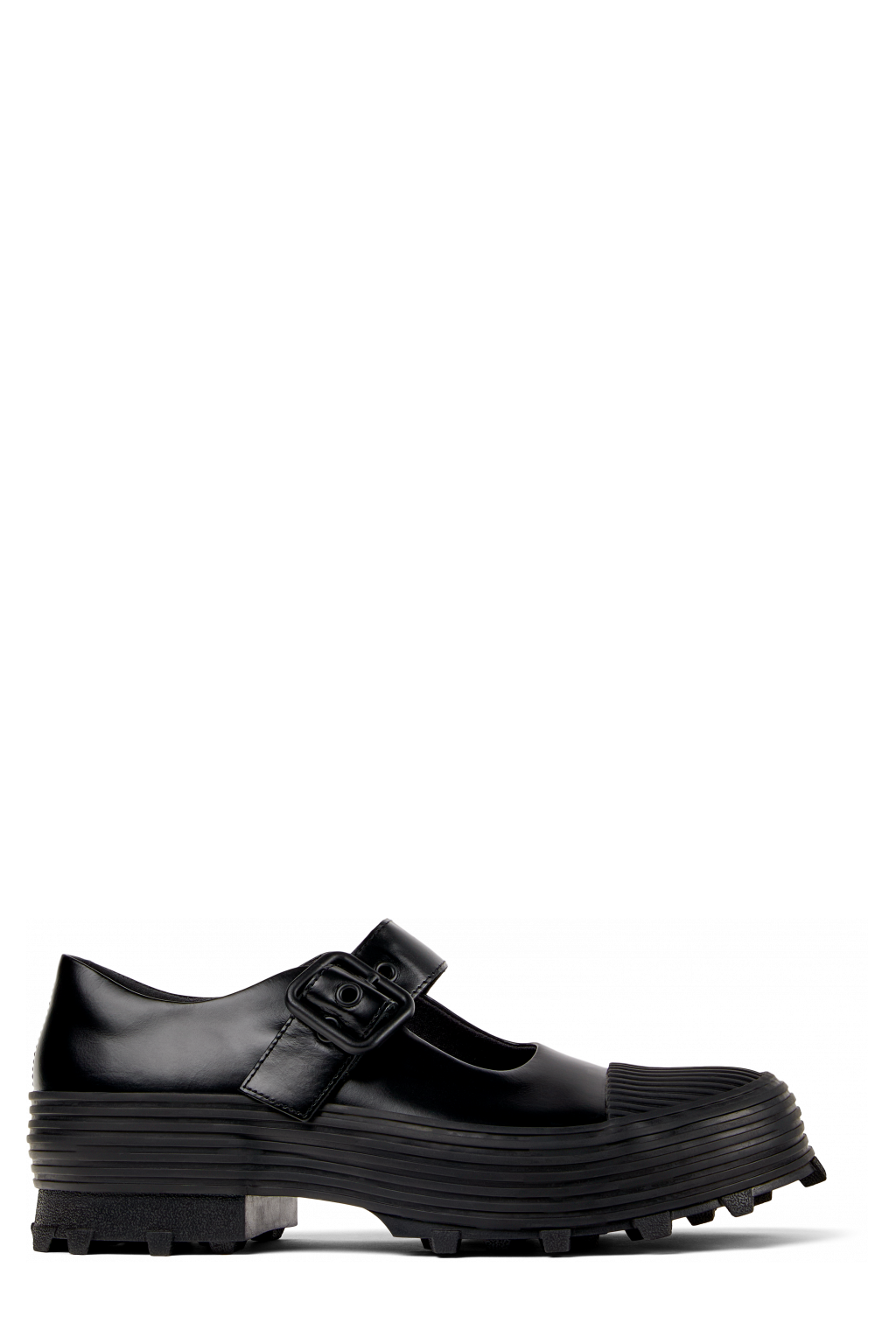 Side view of TRAKTORI Black Leather Mary Jane Clogs