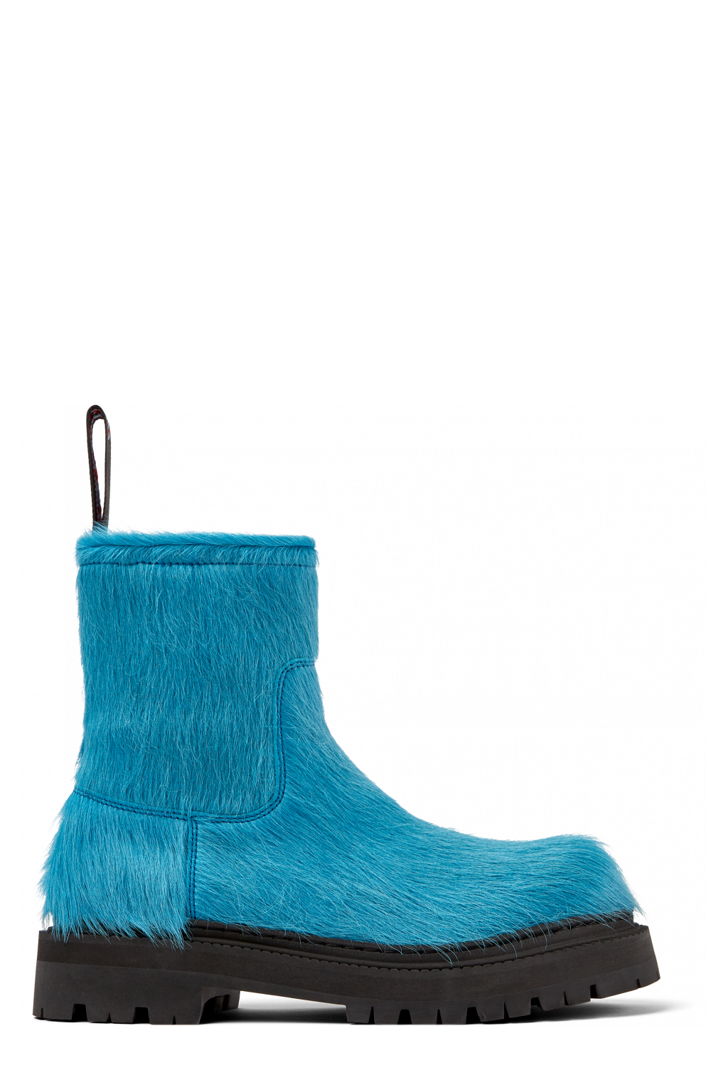 Side view of Eki Blue long calf hair boots