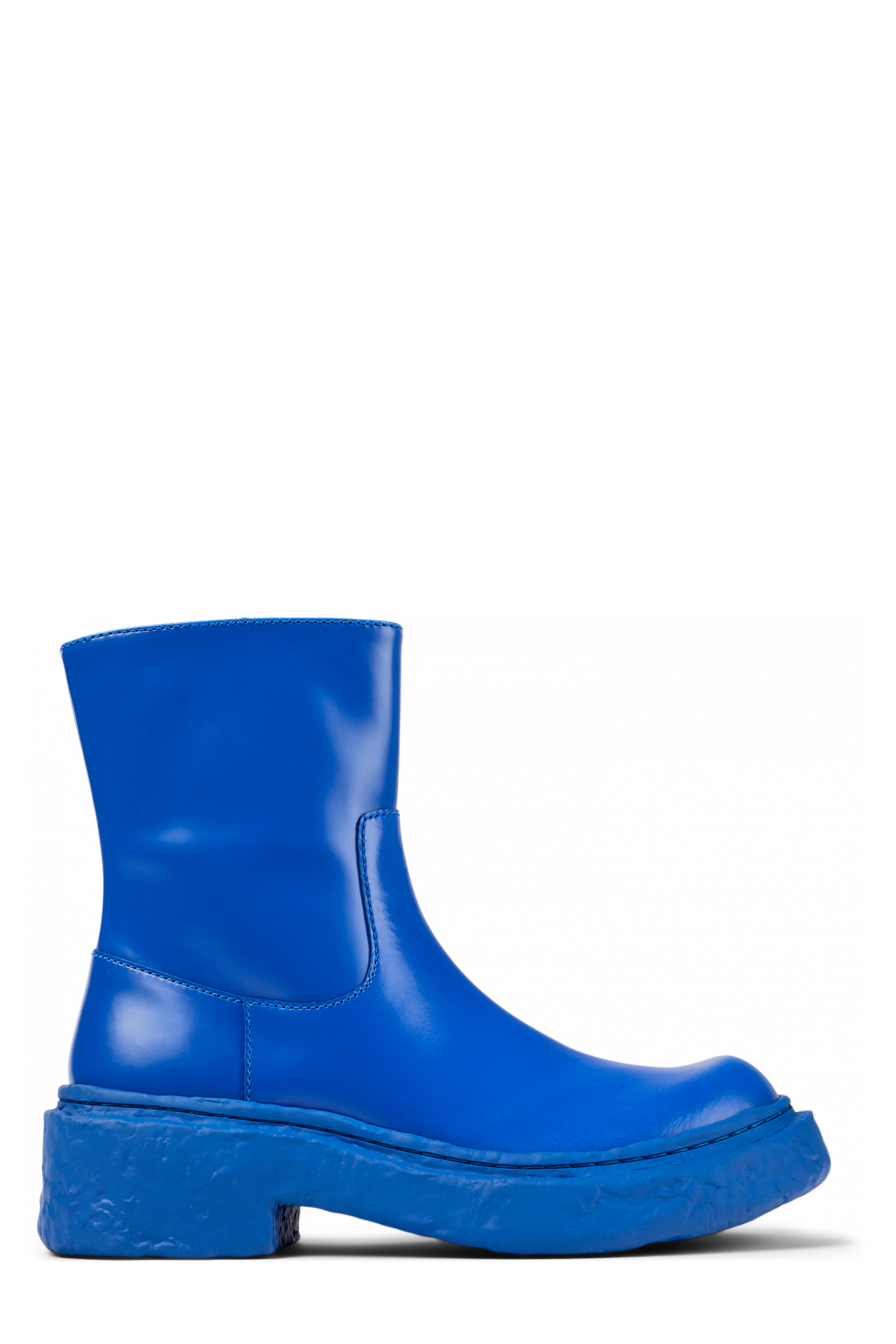 Side view of Vamonos Blue Leather Zip Bootie