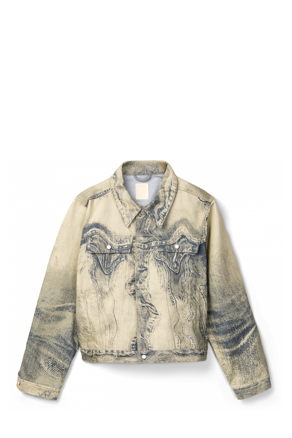 Side view of DISTORTED PRINT DENIM JACKET Sand-black Denim Jacket