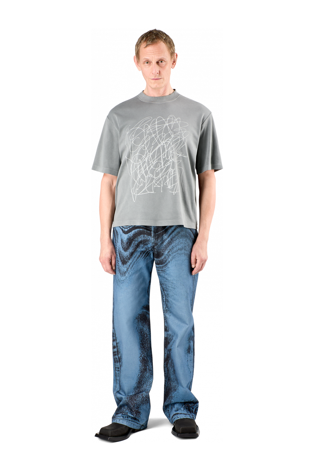 Denim Jeans Dark Blue-Black Distorted Print Denim Jeans