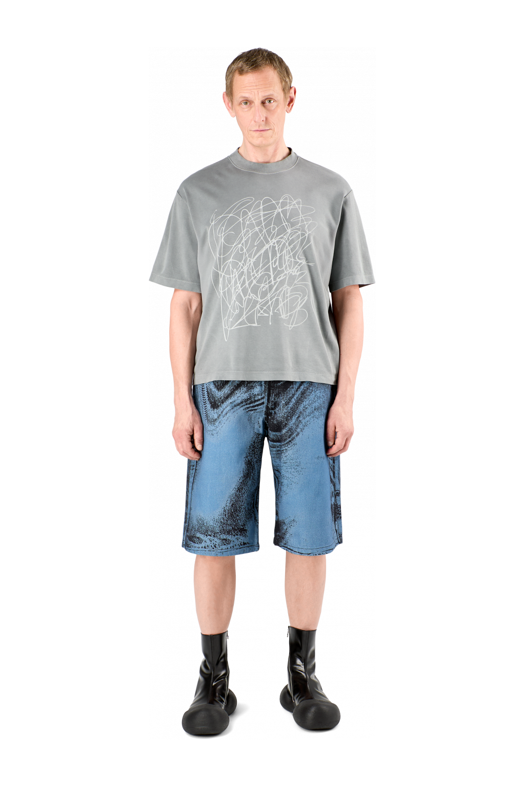 Denim Shorts Dark Blue-Black Distorted Print Denim Shorts