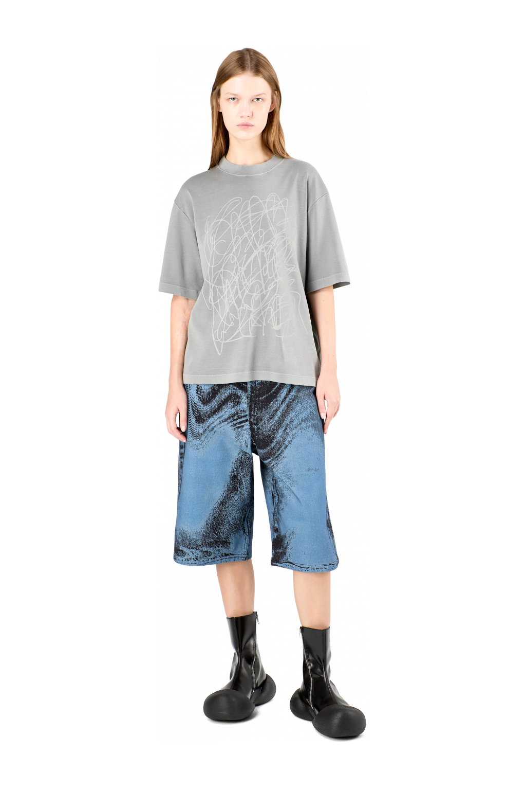 Denim Shorts Dark Blue-Black Distorted Print Denim Shorts