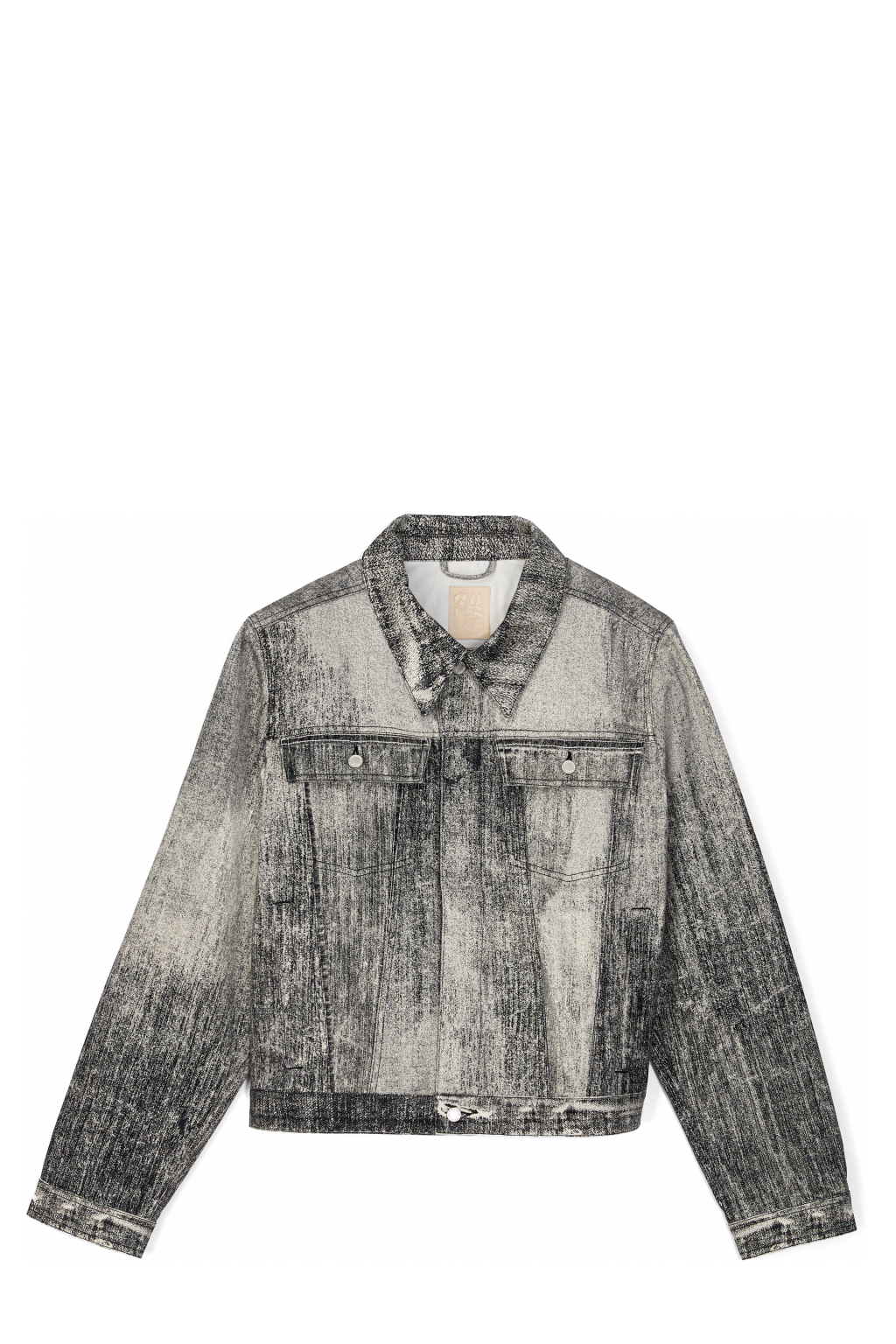 Side view of Denim Faded Black Paint Print Denim Jacket