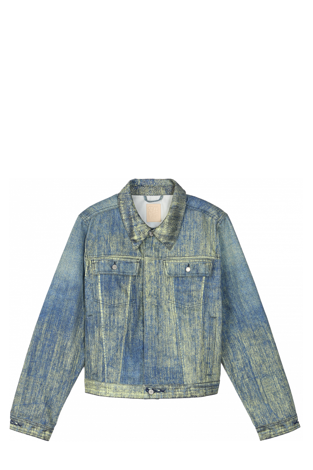 Side view of Denim Sand Blue Paint Print Denim Jacket