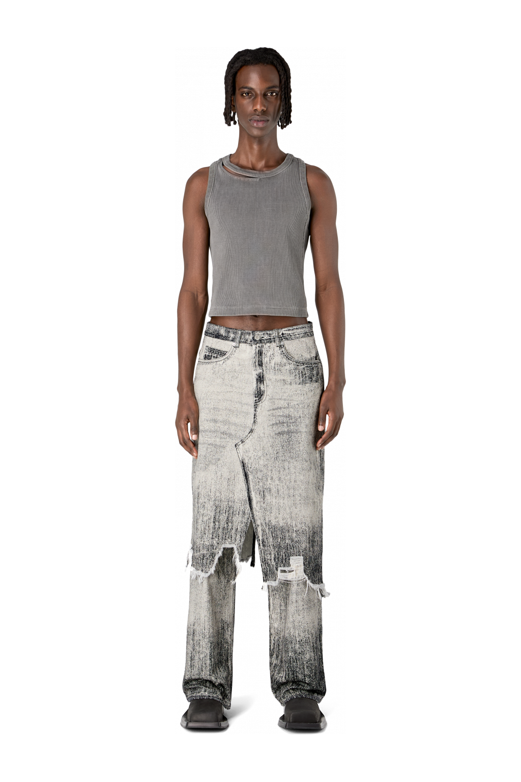 Denim Skirt Faded Black Paint Print Denim Skirt