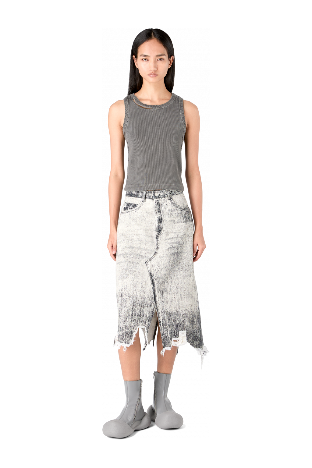 Denim Skirt Faded Black Paint Print Denim Skirt