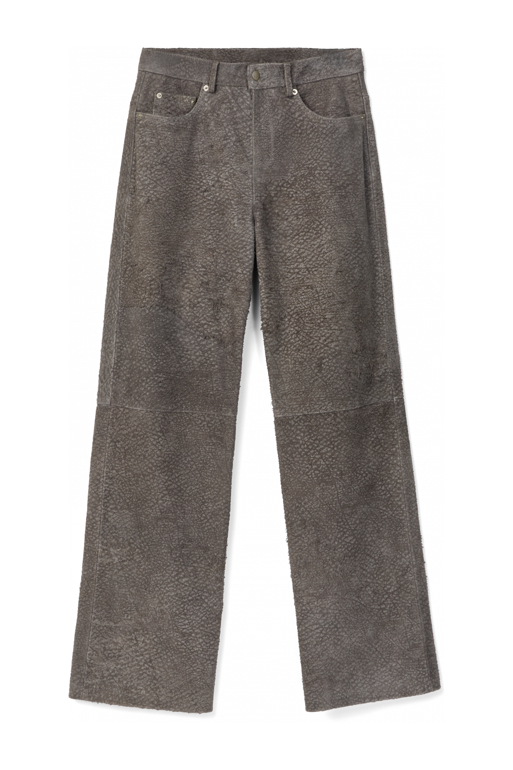 Side view of Suede Trousers Gray Wrinkled Suede Leather Trousers