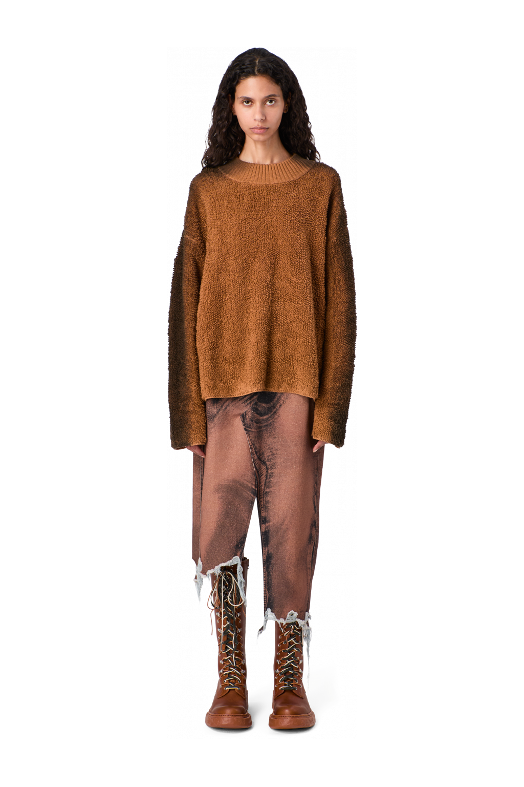 DISTORTED PRINT DENIM SKIRT Brown-black asymmetric denim skirt