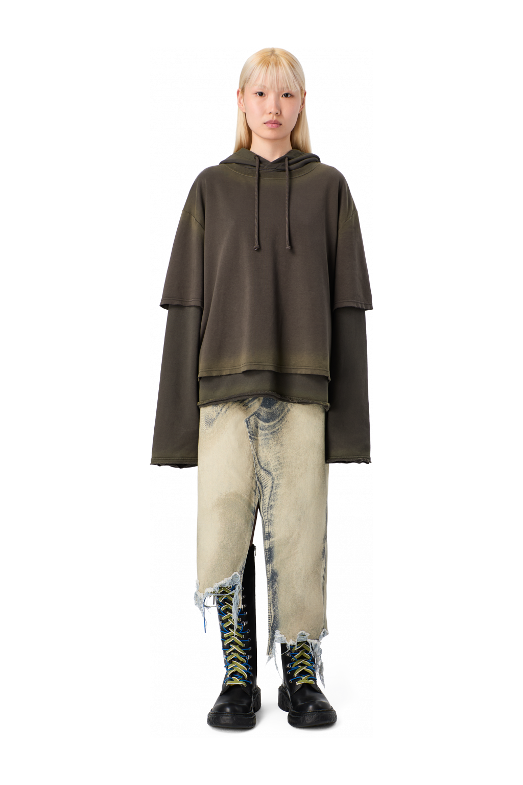 DISTORTED PRINT DENIM SKIRT Sand-black asymmetric denim skirt